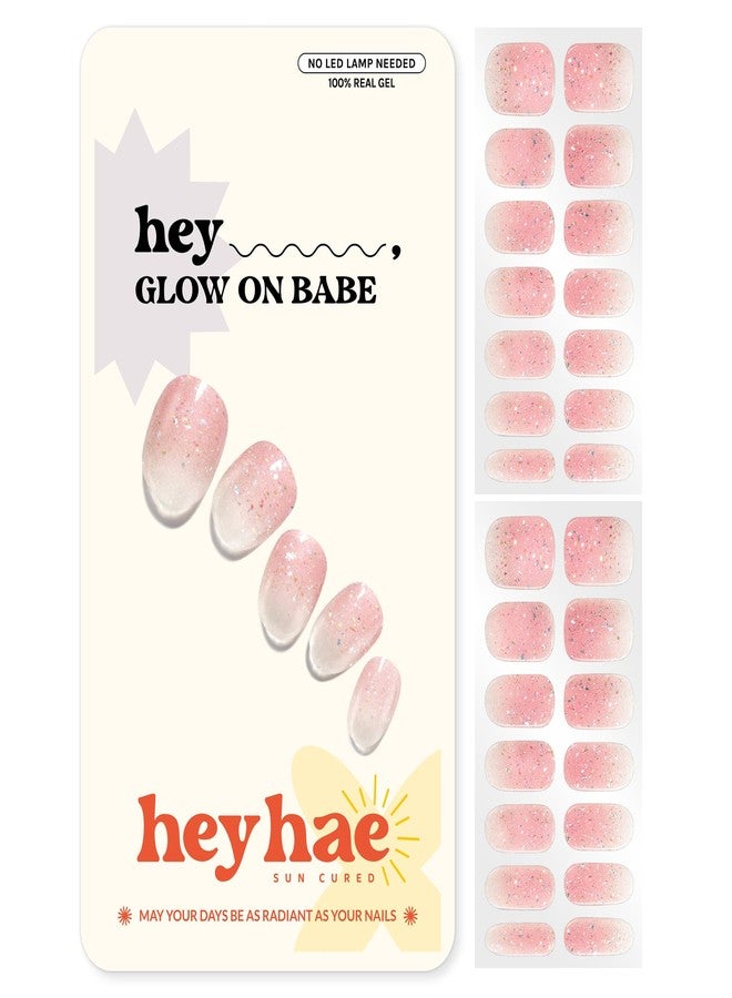 Heyhae Semi Cured Gel Nail Strips | No LED Lamp Needed | Pink, Glitter| Easy Apply & Remove, Salon Quality | Includes 28 Strips, 1 Prep Pads, Nail File & Wooden Stick - Hey, Glow On Babe - Image 1